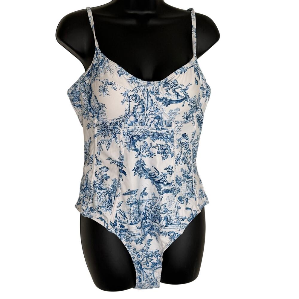 Oriental Theme Blue and White Ladies Swimsuit with Side Boning & Underwire